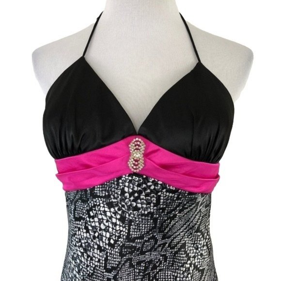 Blondie Nites Satin Evening Halter Dress V Neck Open Back Size 11 Animal Print - Picture 8 of 8